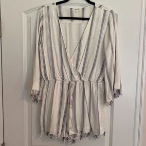 blue and white vertically striped romper